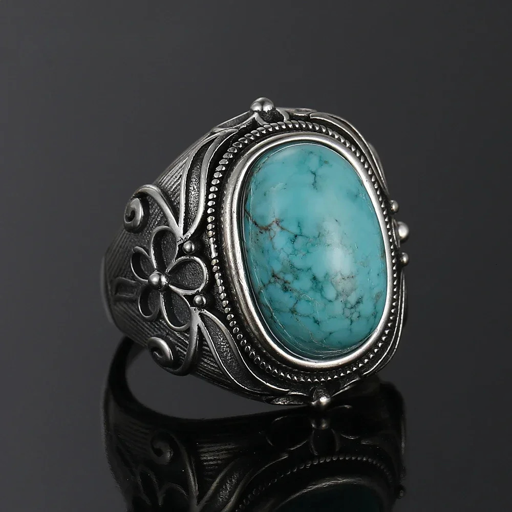 S925 Sterling Silver Vintage Ring With Natural Turquoise Stone Rings Oval and Round Shape Flower Carved Rings For Women Men 251031