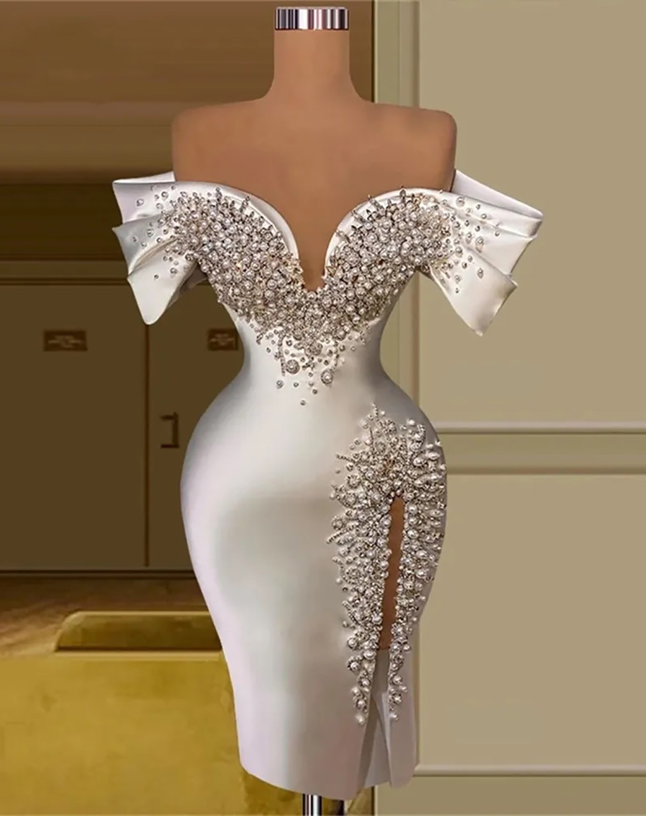 Prom Dresses Off The Shoulder Slit Ladies Dresses For Special Occasion Evening Gowns Knee Length Beaded Pearls