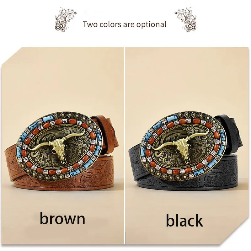 Womens Cowboy Belt Western Leather Buckle Belts Cowboy Longhorn Bull Pattern Buckle Belt Floral Engraved Buckle Belt for Men 250324