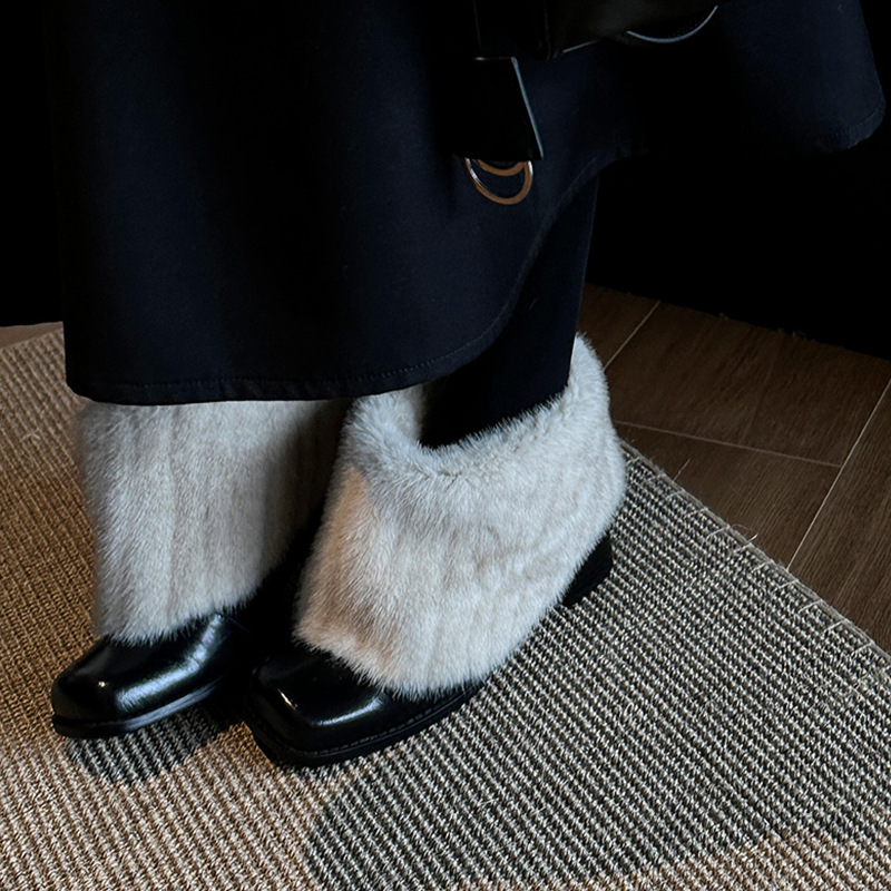 2025 Cowhide version ~ square toe high heel wool boots plush warm retro boots plush snow boots women's versatile cotton shoes