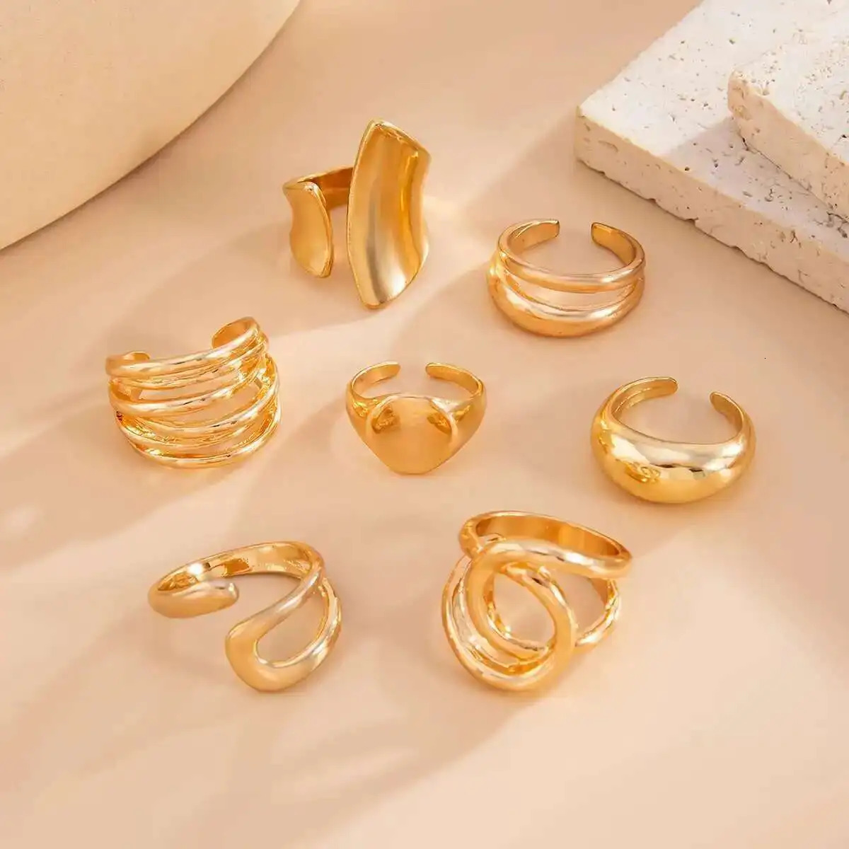 KunJoe 7Pcs Retro Hollow Out Geometric Gold Color Open Rings Set for Women Trendy Smooth Irregular Wide Ring Finger Jewelry 251031