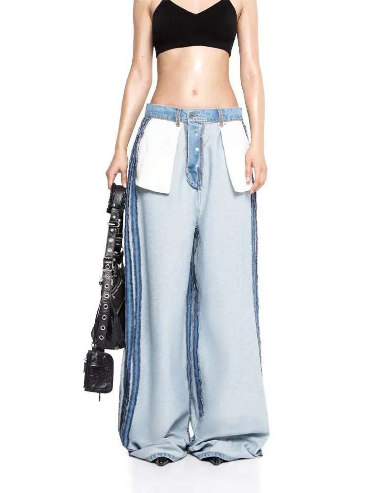 Vintage Patchwork Women Denim Pants Low Rise Baggy Wide Leg Jeans Distressed Dragging Trousers High Street Hip Hop Casual Pant