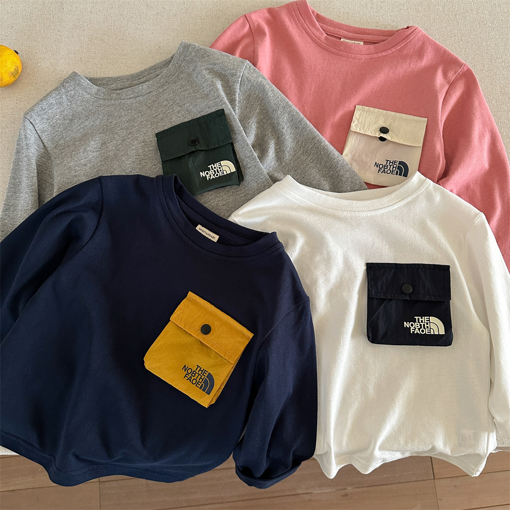 kids designer clothes 2025 New Kids Long Sleeve T-Shirt, 100% Cotton Solid Color Top with Pocket, Spring Autumn Casual Base Layer for Boys and Girls