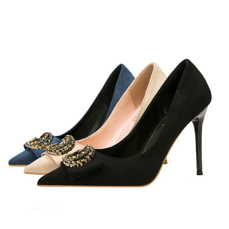 European and American fashion elegant banquet women's shoes high-heeled suede rhinestone metal buckle wedding shoes high-heeled pumps