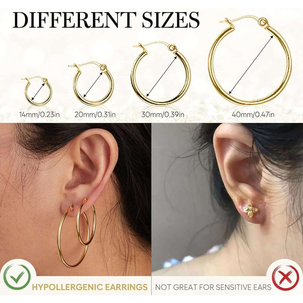 Set Women,14k Plated Hoops with Sterg Sier Post Hypoallergenic Thin Hoop Gold Earrings for Girls Trendy Jewelry Gifts