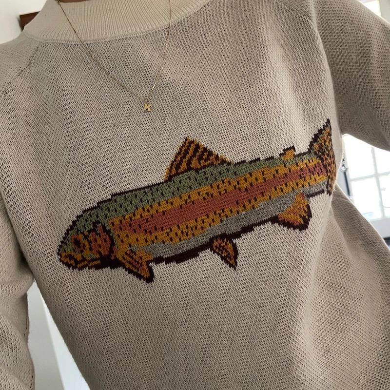 Women Autumn Winter Y2K Loose Fit Sweater Round Neck Aesthetic Fish Print Contrast Color Knitwear Pullover Top Streetwear 251028