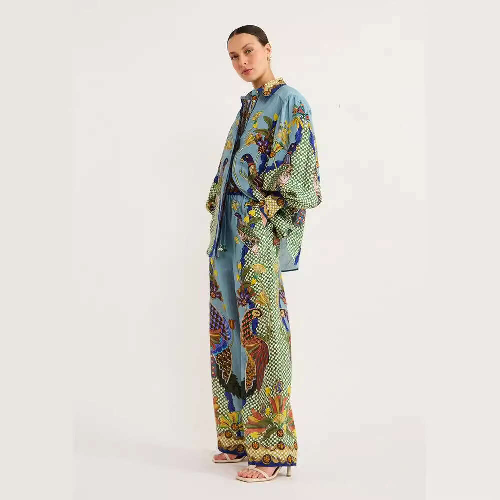 European American Fashion Personalized Printed Bubble Sleeve Vacation Leisure Rope Set for Women 2025 New Style, Unique and Elegant Clothing