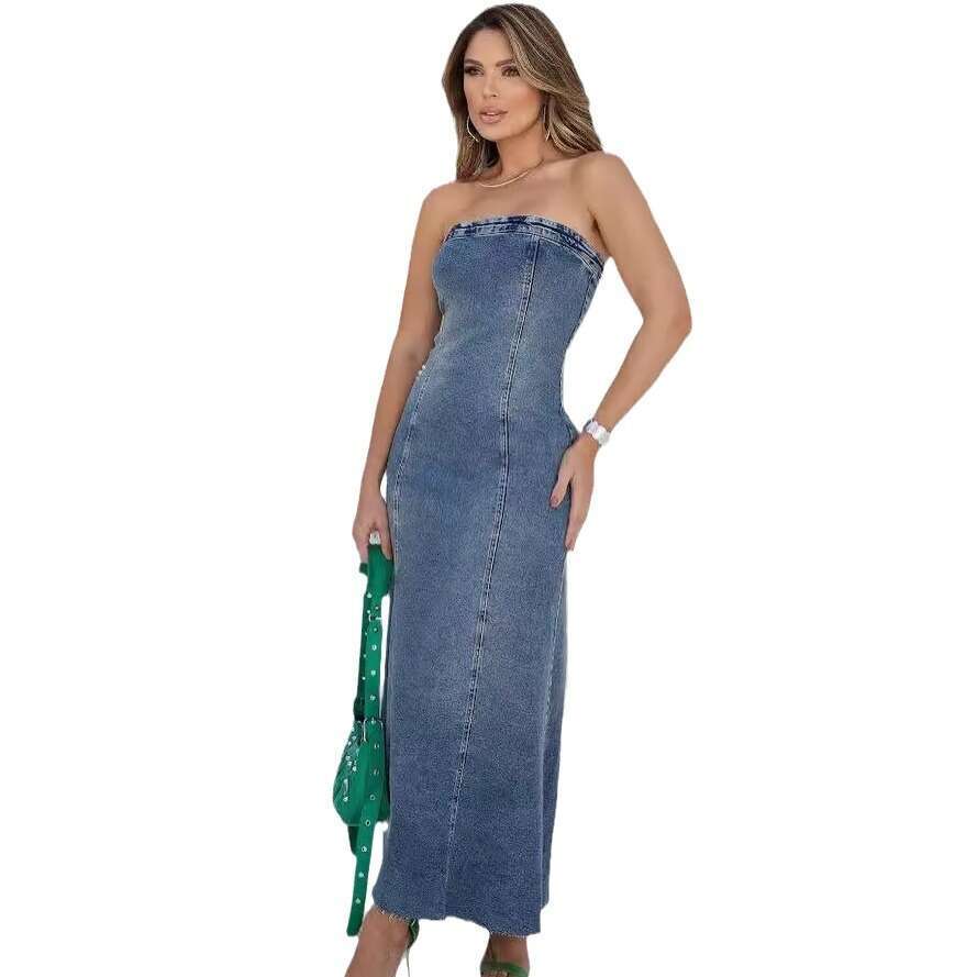 2024 Summer New European And American Amazon Cross-Border Women's Fashion Pure Desire Style Elastic Denim Strapless Dress D6da B07d 02c6