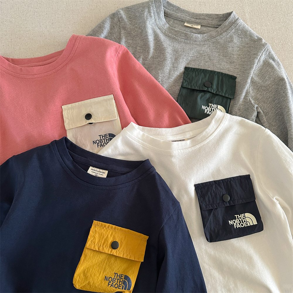 kids designer clothes 2025 New Kids Long Sleeve T-Shirt, 100% Cotton Solid Color Top with Pocket, Spring Autumn Casual Base Layer for Boys and Girls