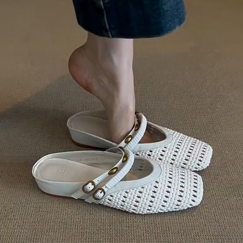 Sheepskin version ~ French hollow woven sandals women's outer penetration breathable toe half slippers small heightened sandals