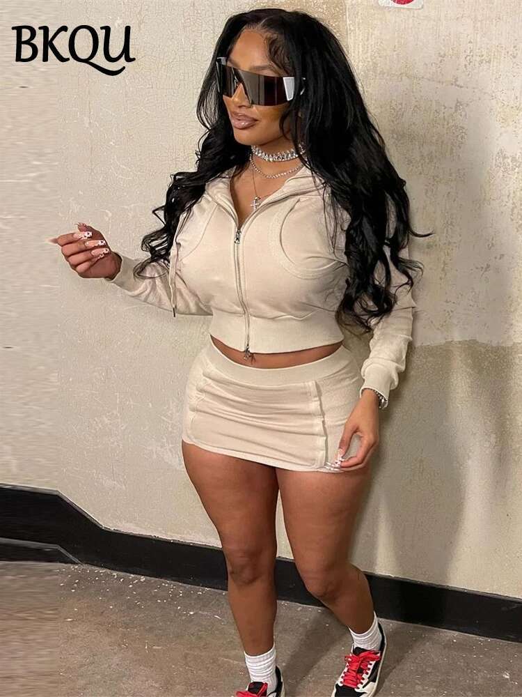 Casual Hoodie 2 Piece Women Sets Autumn Fashion Crop Zipper Jacket And Hip Wrap Mini Skirt Matching Tracksuit Outfits