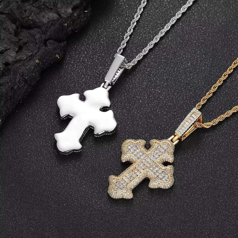 New Hip Hop Fashion Jewelry Men Gold Plated moissanite Cubic moissaniteia Religion Charms Iced Out Bling Baguette Cross Pendant Necklace