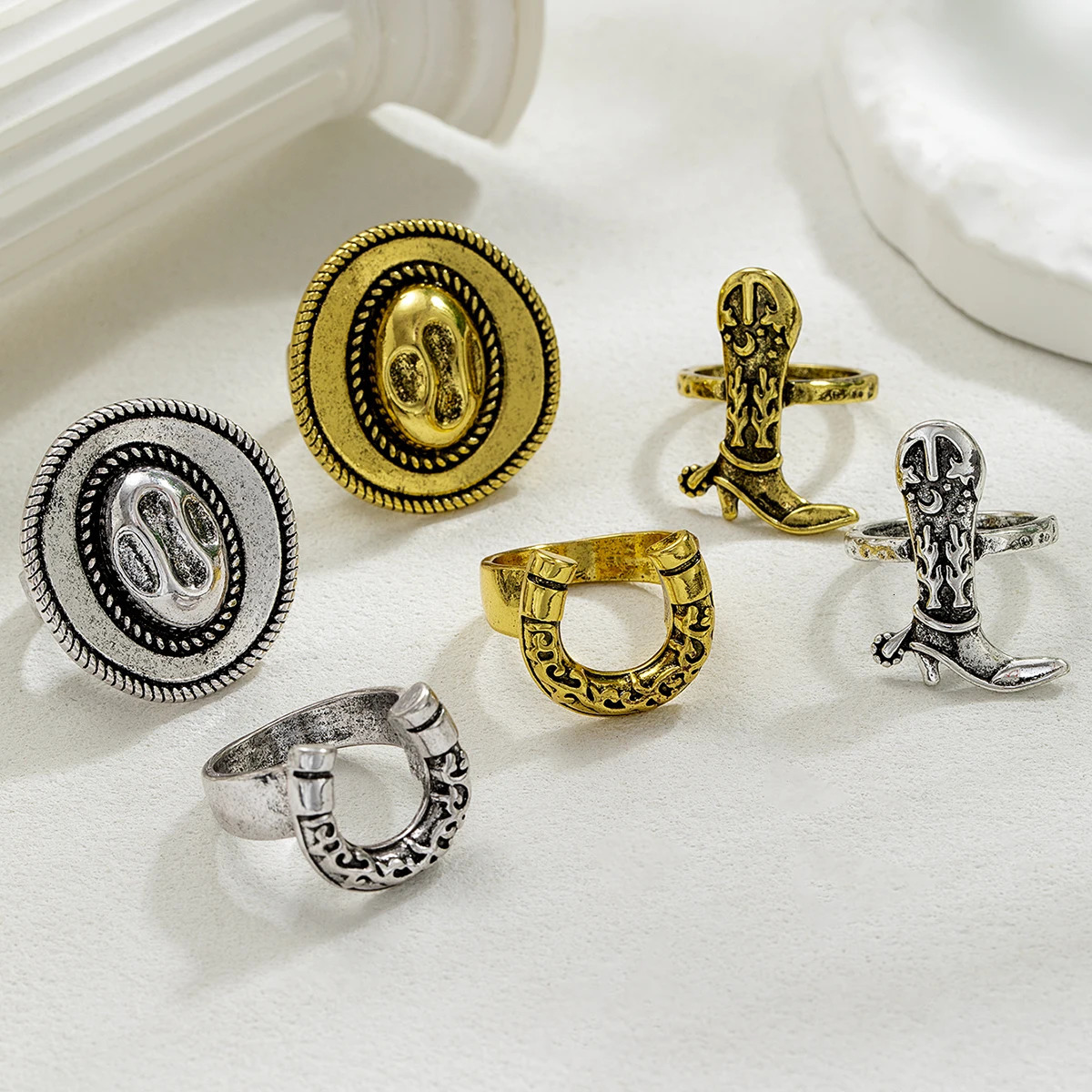 3piece retro ethnic style multi piece stacked denim hat Martin boots horse hooves exaggerated personality alloy ring set 251031