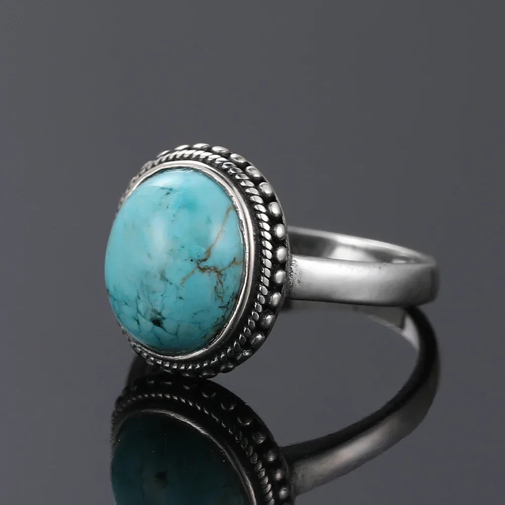 S925 Sterling Silver Vintage Ring With Natural Turquoise Stone Rings Oval and Round Shape Flower Carved Rings For Women Men 251031