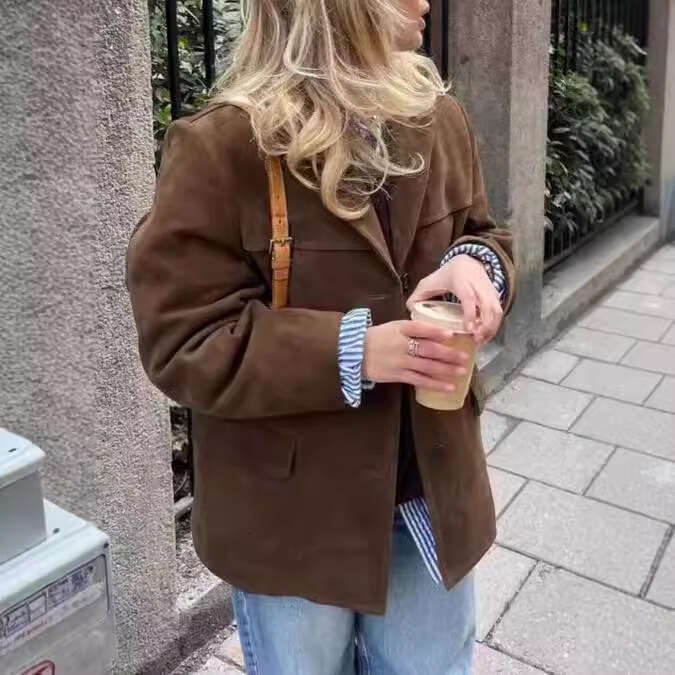 In Stock - Brown Retro Lapel Loose Jacket 2024 European and American Autumn Winter Melad Suede Suit