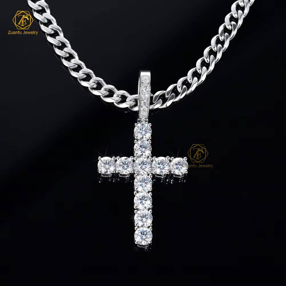 In Stock Moissanite Cross Pendant Plated White Gold Yellow Gold 925S 5mm Diamond Hip Hop Cross Pendant for Chain