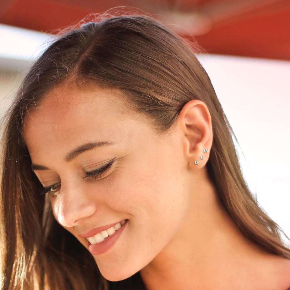 Set 3 PAIRS of Sterg Sier Studs with Cubic Zirconia Crystal CZ Plated Rose Gold Earrings Tiny Clear Stud - Dia Earring for Men and Women 2, 3, 4, 5 mm