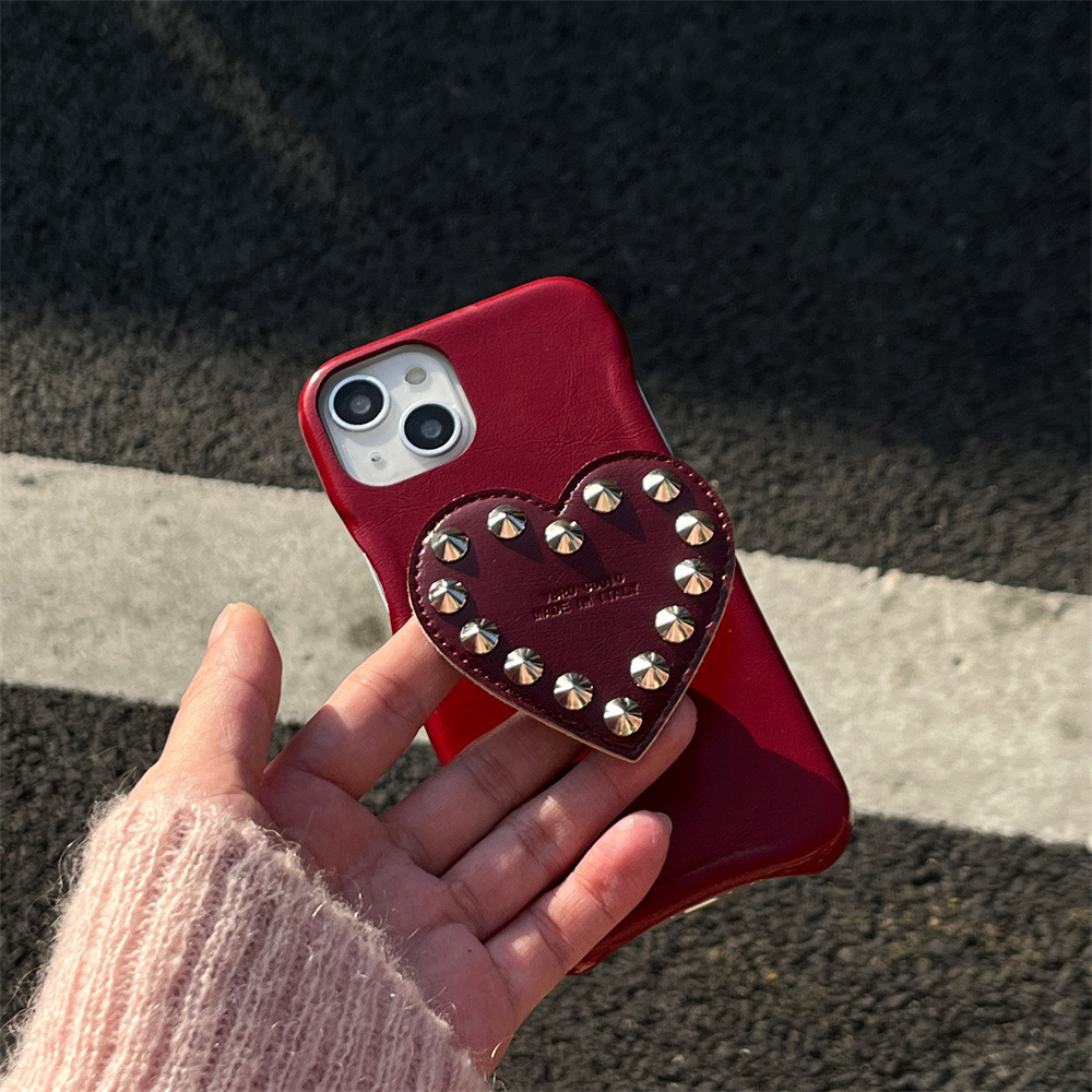 Cowhide Texture Heart Stand iPhone 17/16/15 Pro Max Solid Color Phone Case Compatible with iPhone 14/13/12