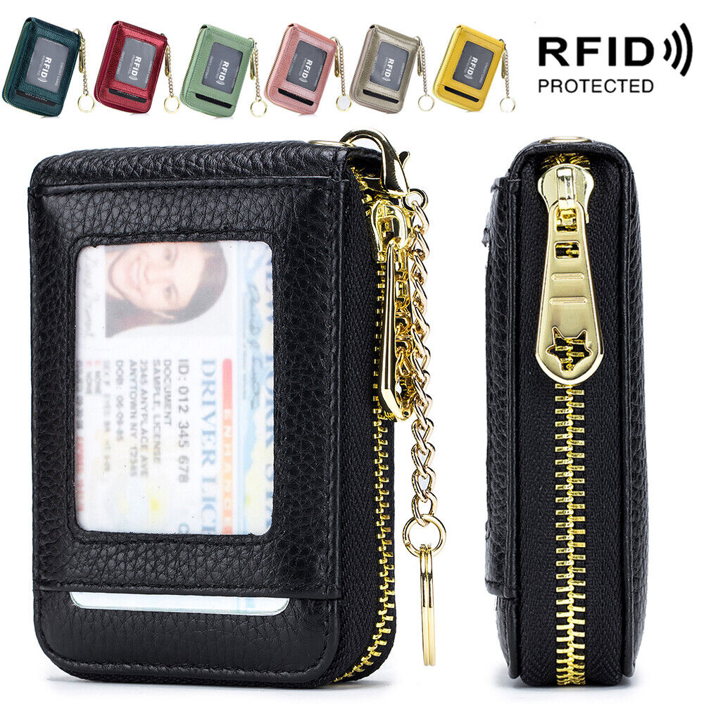 RFID Blocking Credit Card Holder Wallet With Keychain ID Window Small Leather Zipper Card Case For Men Women