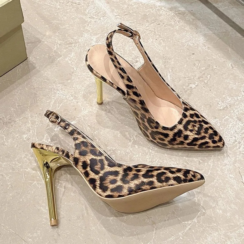 Leopard Print Pointed Toe Office Lady Shoes Autumn Shallow Stilettos Large Size Ankle Strap Women High Heels Pumps 251030