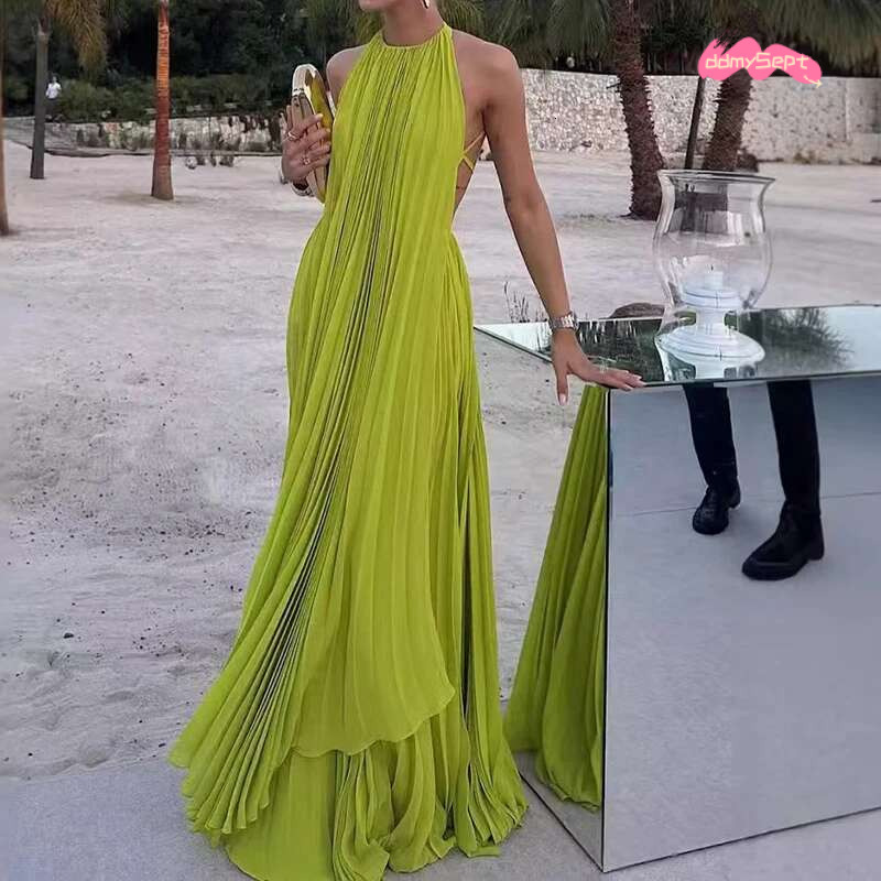 Elegant O-neck Sleeveless & Long Skirt Set Sexy Backless Hollow Out Solid Loose 2Pc Suits Women Fashion Pleated Holiday Outfits #ddmySept