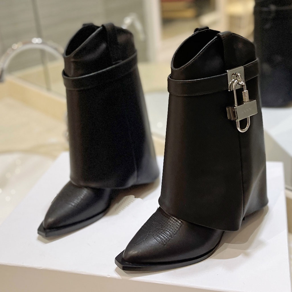 10a Quality Fashion Luxury brand lock Ankle Boots Designer shoe Woman knee high Genuine Leather Suede Heel Wedge Mid-Calf Boot dess party wedding lady long booties