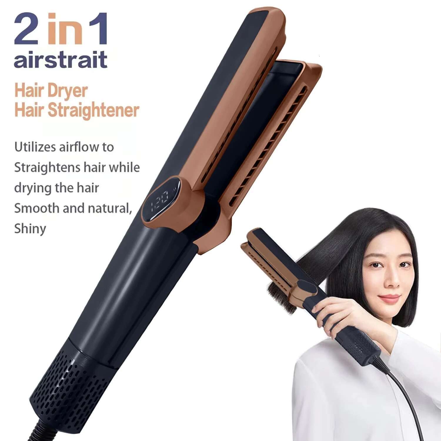 Professional 2In1 Hair Dryer Heat-Up Flat Iron Straightener Dry And Wet Dual-Purpose Straight Air W Blower