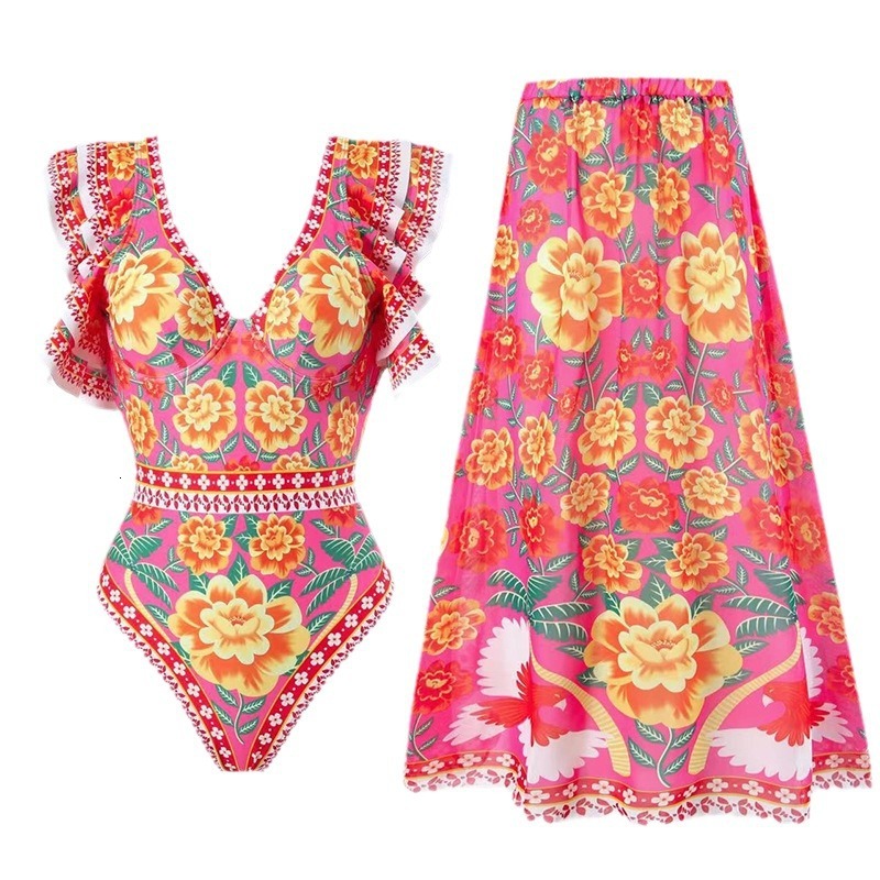 Bohemian style French fixed print fashion trend new jumpsuit wrapped skirt set swimsuit