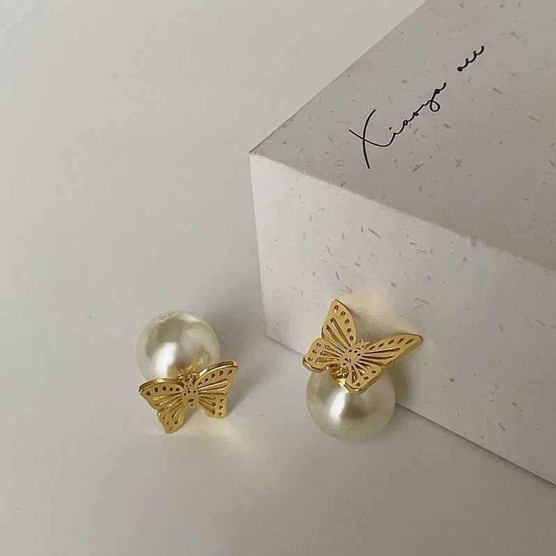 French Style Light Luxury Elegant Butterfly Imitation Pearl Stud Earrings For Women Fashion Sweet Metal Jewelry Party Gifts Y250401
