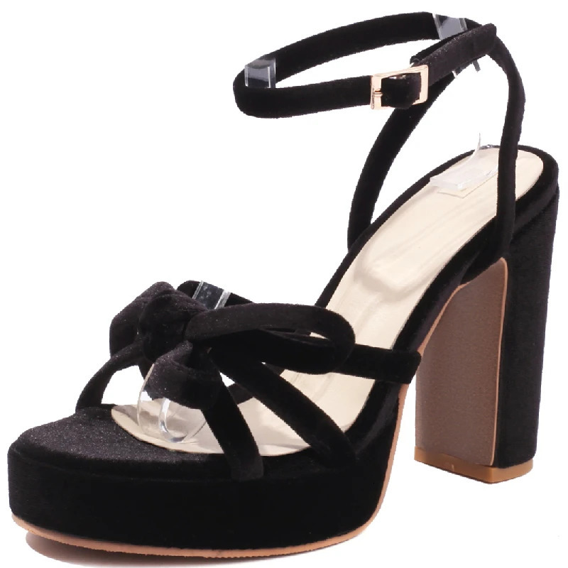 Velvet High Heels Sandals Women Summer Shoes Ankle Straps Fashion Flip Flops Black Red Green Heeled Party Wedding Shoe Female 251030