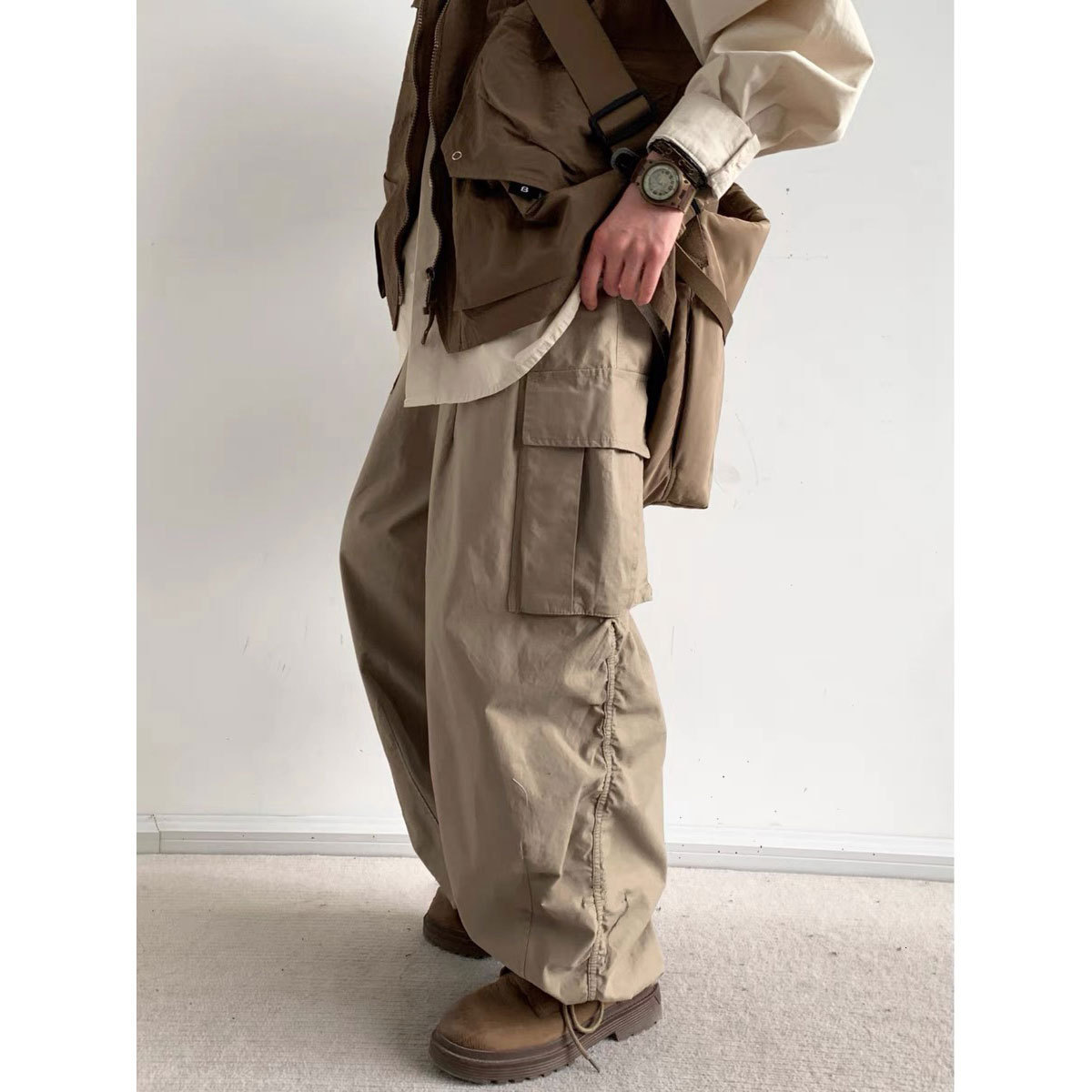 Loose wide leg workwear pants for both men and women 2023 Spring and Autumn item versatile ankle tied casual pants trendy 240821