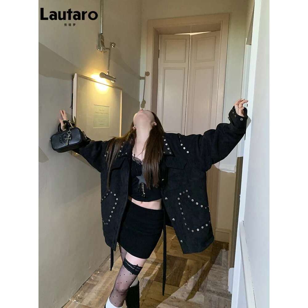hoodie Baseball Jacket Lautaro Spring Autumn Cool Brown Oversized Soft Faux Suede Leather Jacket Women Rivet Long Sleeve Maillard Style Retro Clothing