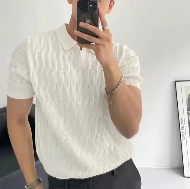 Fashionable and Korean version solid color slim fit ice silk polo shirt short sleeved mens casual lapel bottom shirt 250327