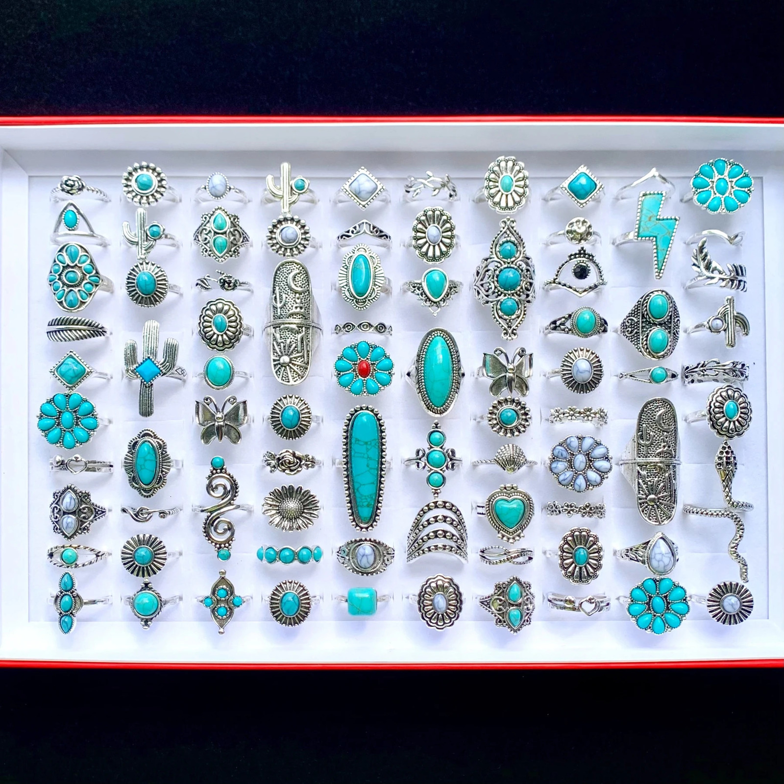 12pcs Antique Silver Plated Turquoise Bohemia Vintage Rings Mix Style Women Ethnic Alloy Metal Party Gift Finger Jewelry Lot 251031