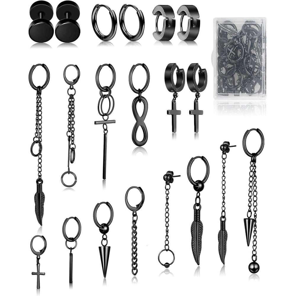 Cross Dangle Men 20 Pieces, Stainless Steel Stud Hinged Hoop Earrings, Long Chain Kpop Earrings for Women, Black and Sier