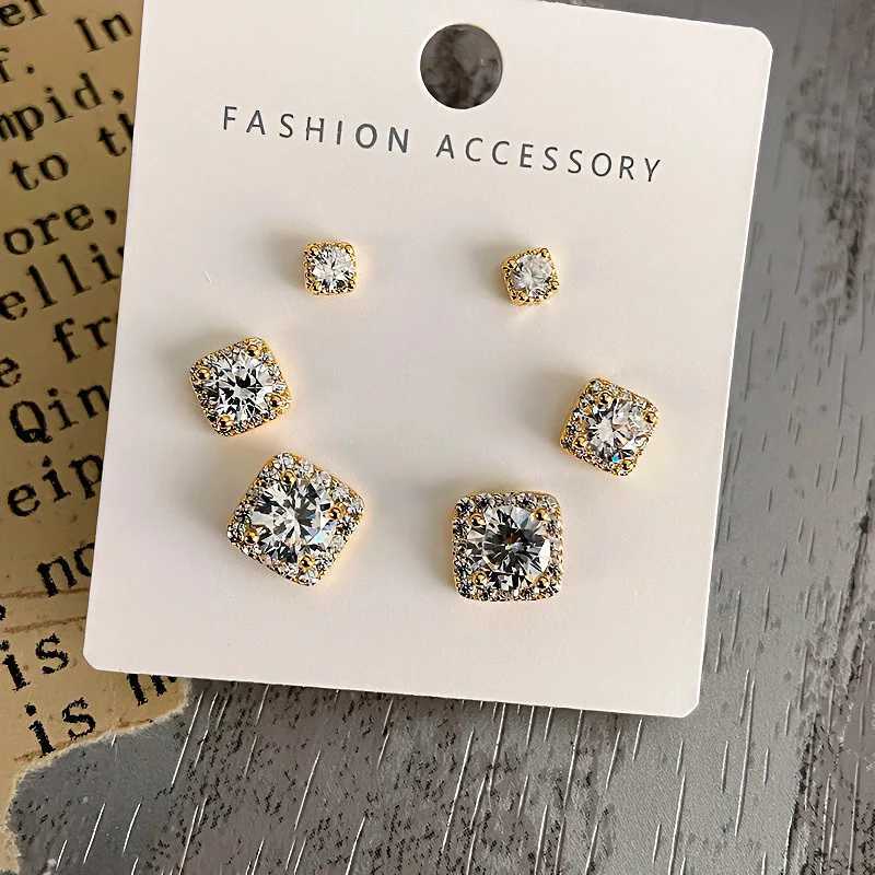 Light Luxury Elegant Simple One Card Three Pair Square Geometric Stud Earrings For Women Fashion Simple Crystal Jewelry Gifts Y250401