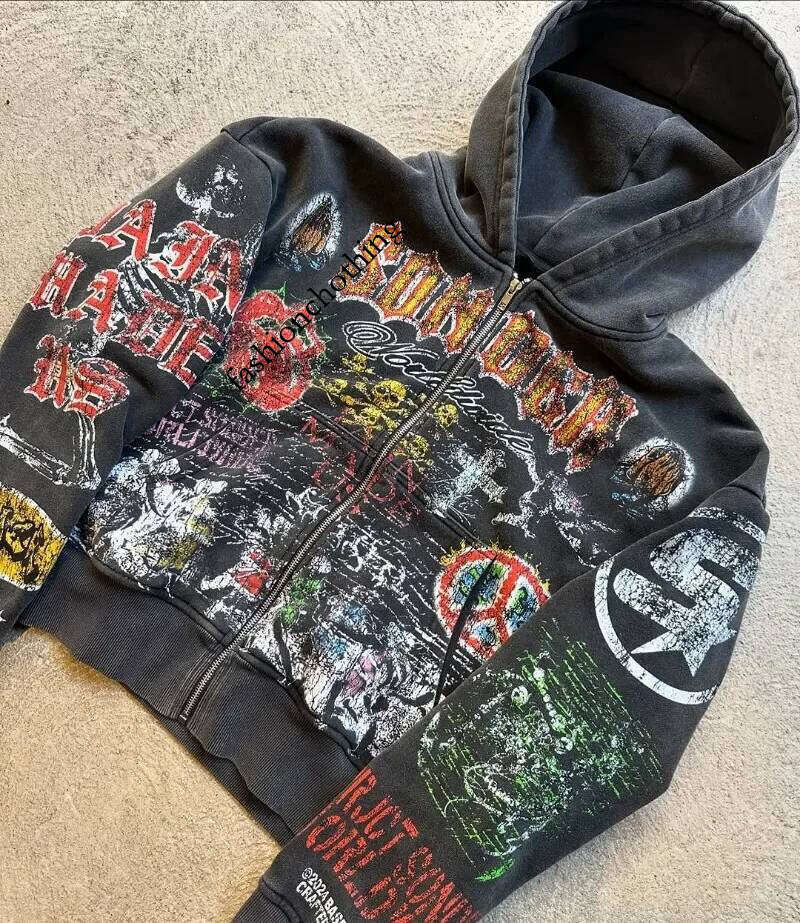 Street Hip-hop Punk Rock Clothing Men European and American Y2k Haruku Trendy Zipper Hoodie Loose Oversized Sweatshirt Couple