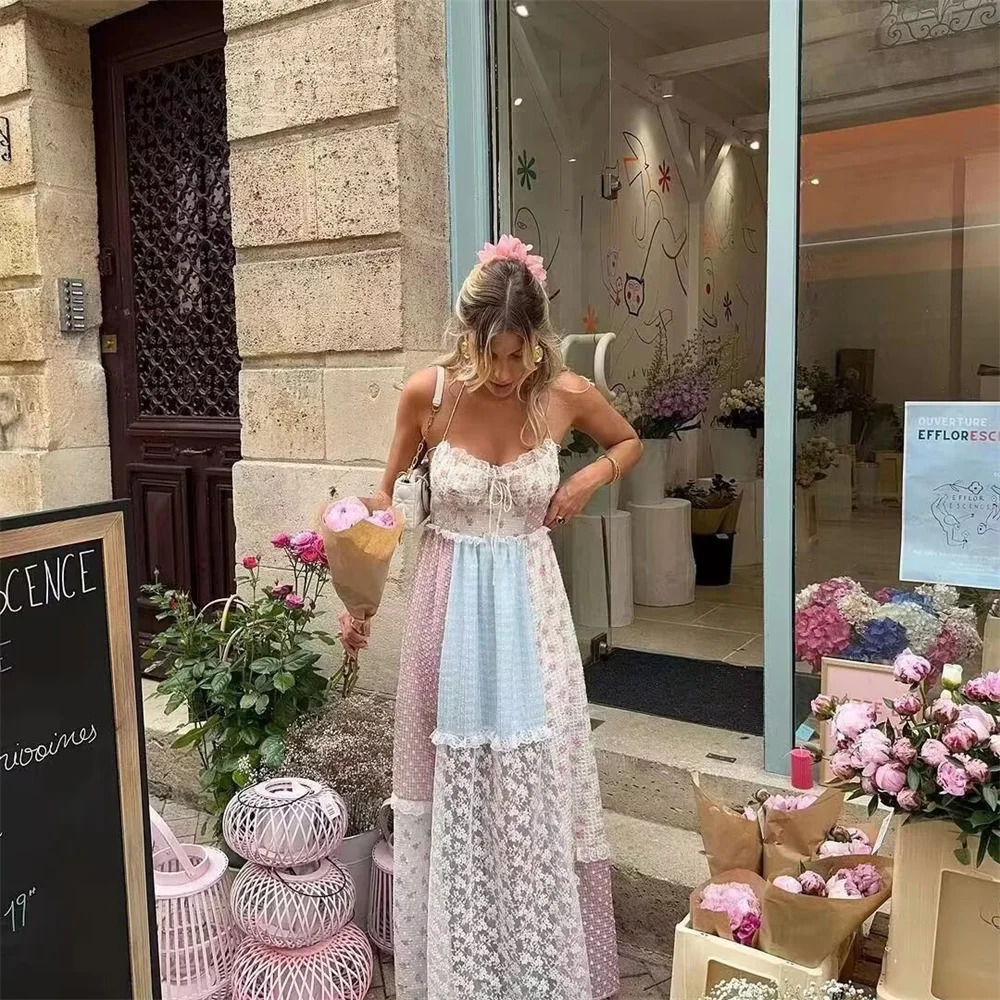 UNIZERA Summer Product Womens Hanging Neck Floral Lace Edge Splicing Hanging Neck Collar backless Dress 250402