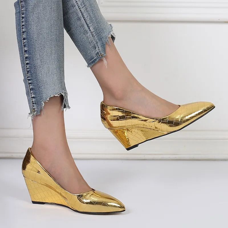 SpringSummer Wedge High Heels Womens Party Shoes Fashion Office Pointed Toe Plus Size 42 Gold Silver Black Pump 250402BJ - view 4