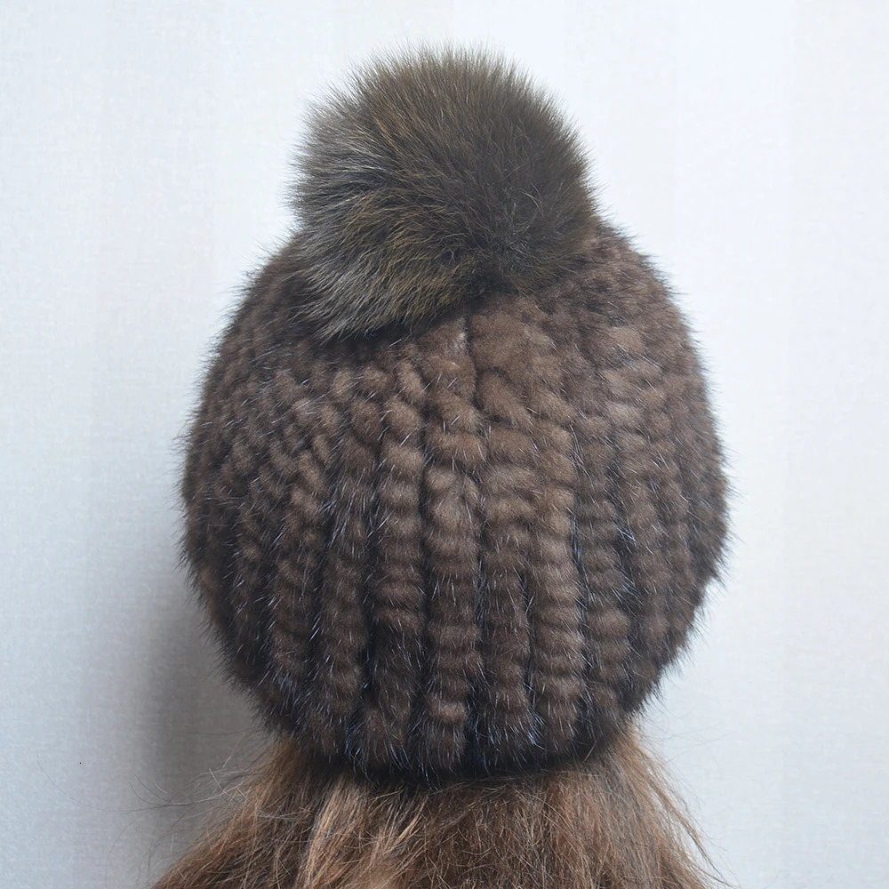 Winter Women Natural Mink Fur Hat Hand Knitted Warm 100 Genuine Mink Fur Cap Russia Lady Real Mink Fur And Fox Fur Pompoms Hats 251028ww