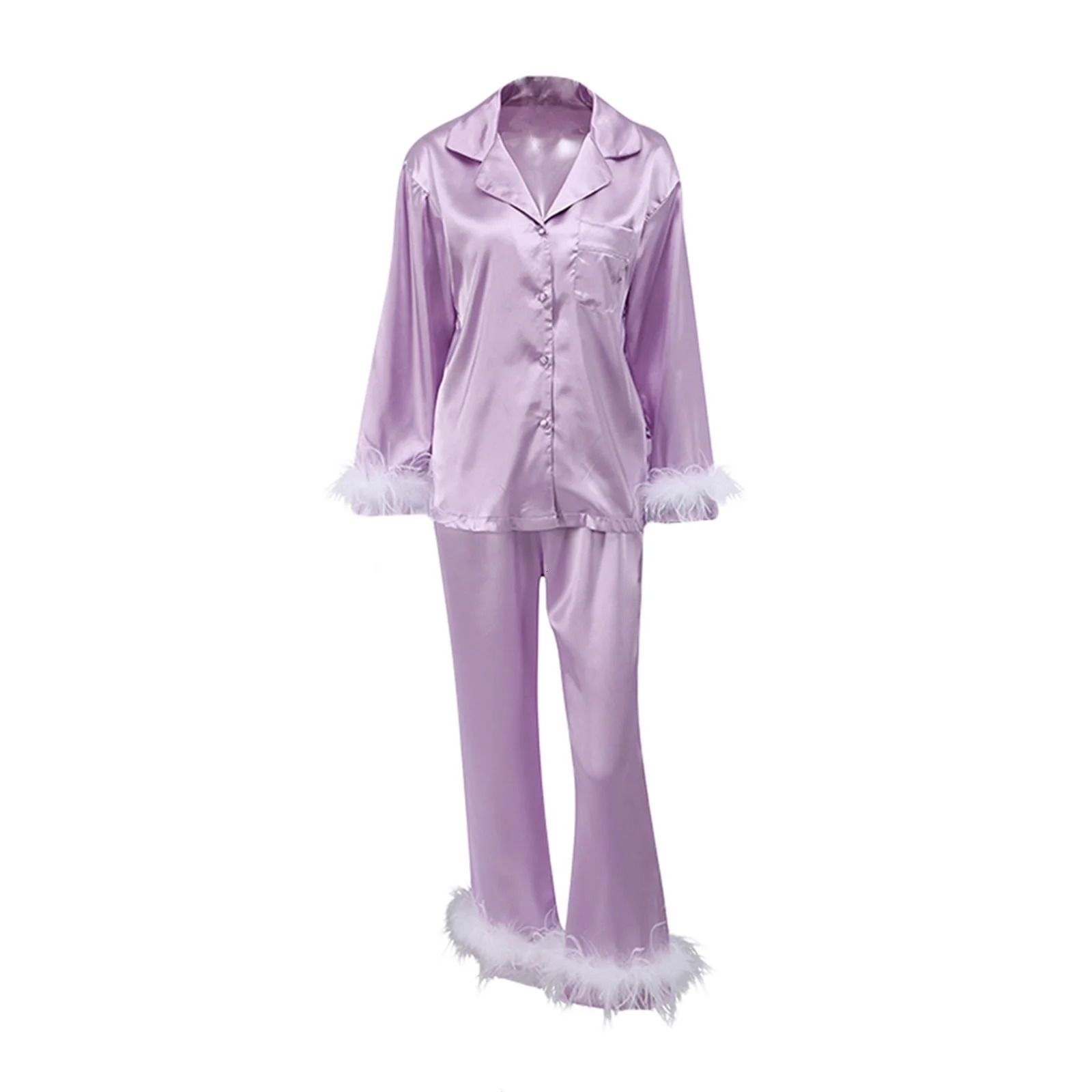 Women Spring Fall Soft Pajamas Sets Fur Feather Trim Long Sleeve Button Satin Silk Shirts Pants Loungewear Sleepwear Homewear 251028