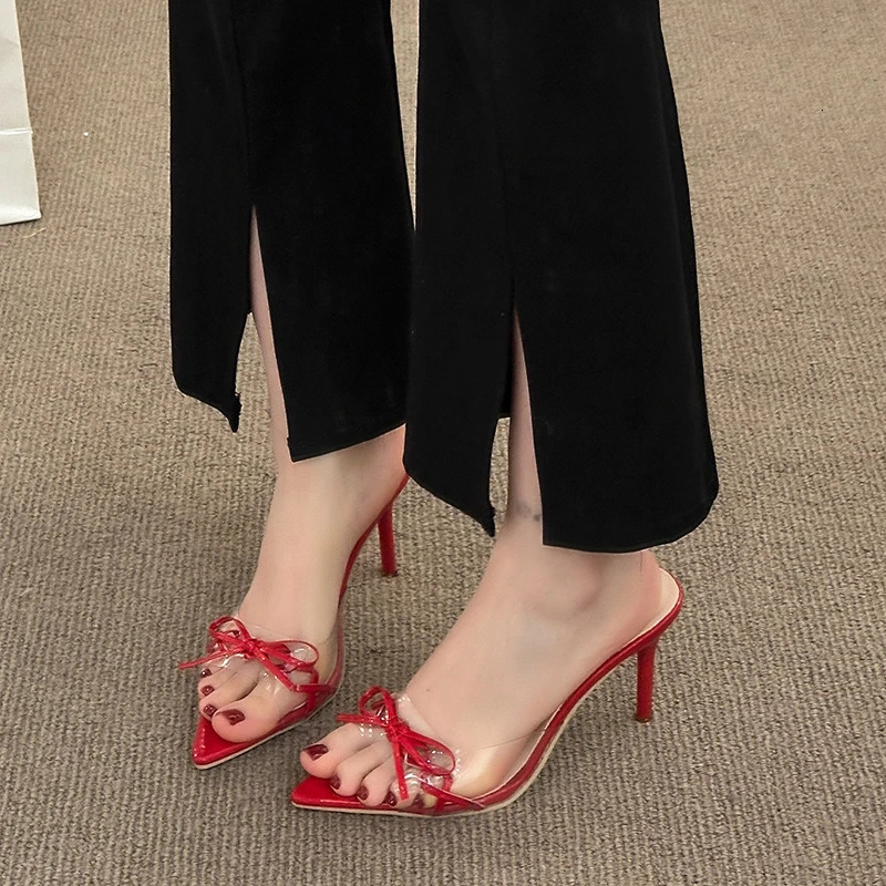 Sexy thin high heels summer womens slider elegant bow peeking toe evening dress 250402BJ - view 5