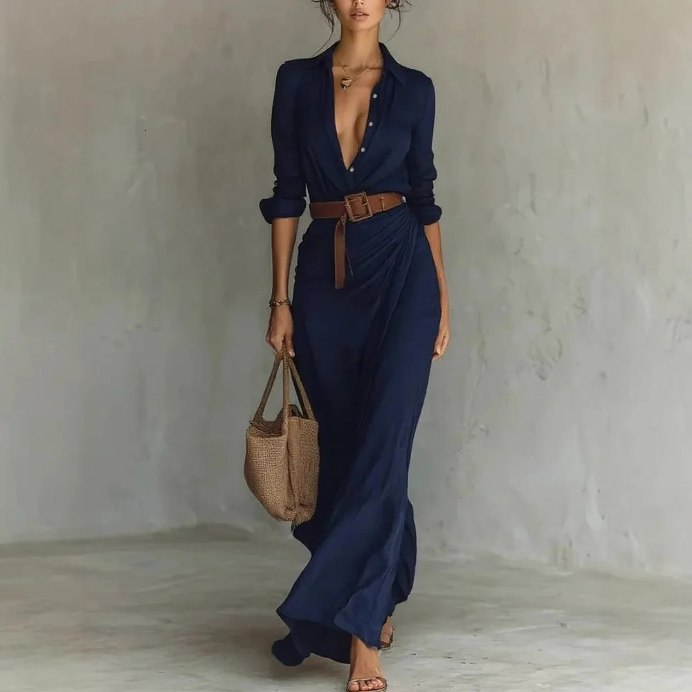 2025 Buttons Draped Chic Party Dress Spring Autumn Women Turn Down Collar Simple Maxi Long Sleeve Elegant Ladies 251030
