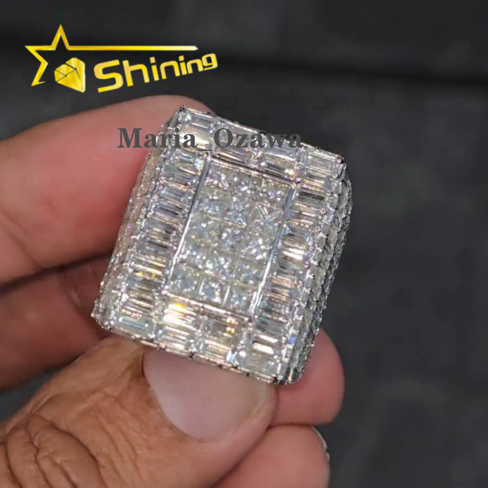 Iced Out VVS Moissanite Baguette Hiphop Championship Rings 925 Sterling Silver Buss Down Sparkling Custom Rings