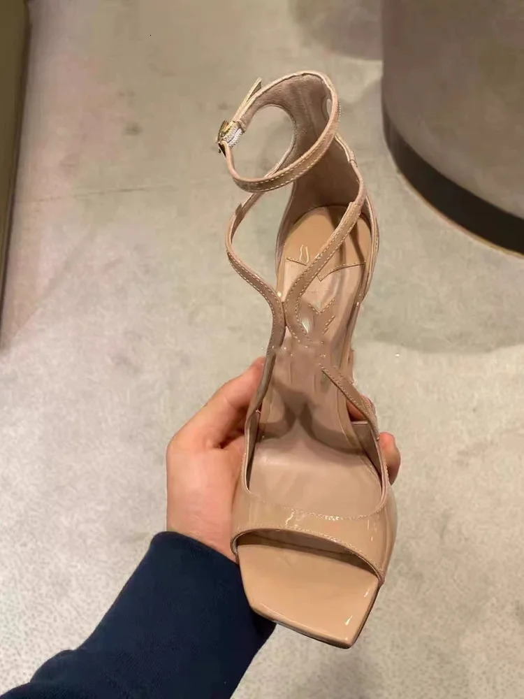 European and American Womens Square Toe Sandals Summer Nude Patent Leather Stiletto Sexy High Heels 251030