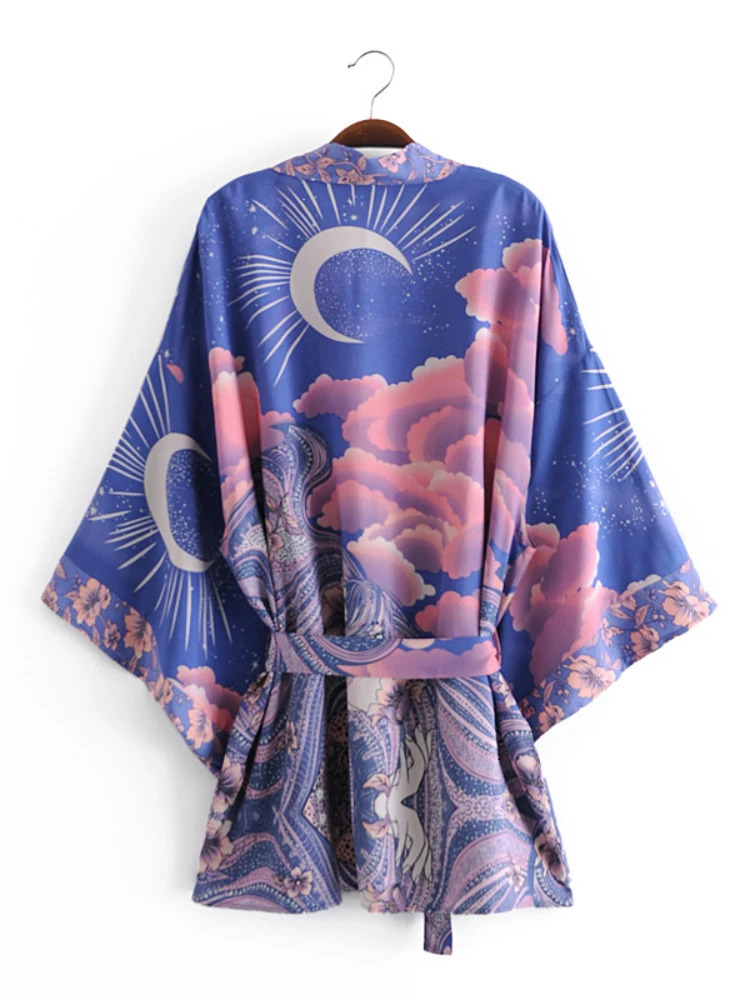 Bohemian Retro Star Moon Printed Belt Womens Vneck Bat Sleeve Happy Short Skirt Kimono Dress Cover 250328