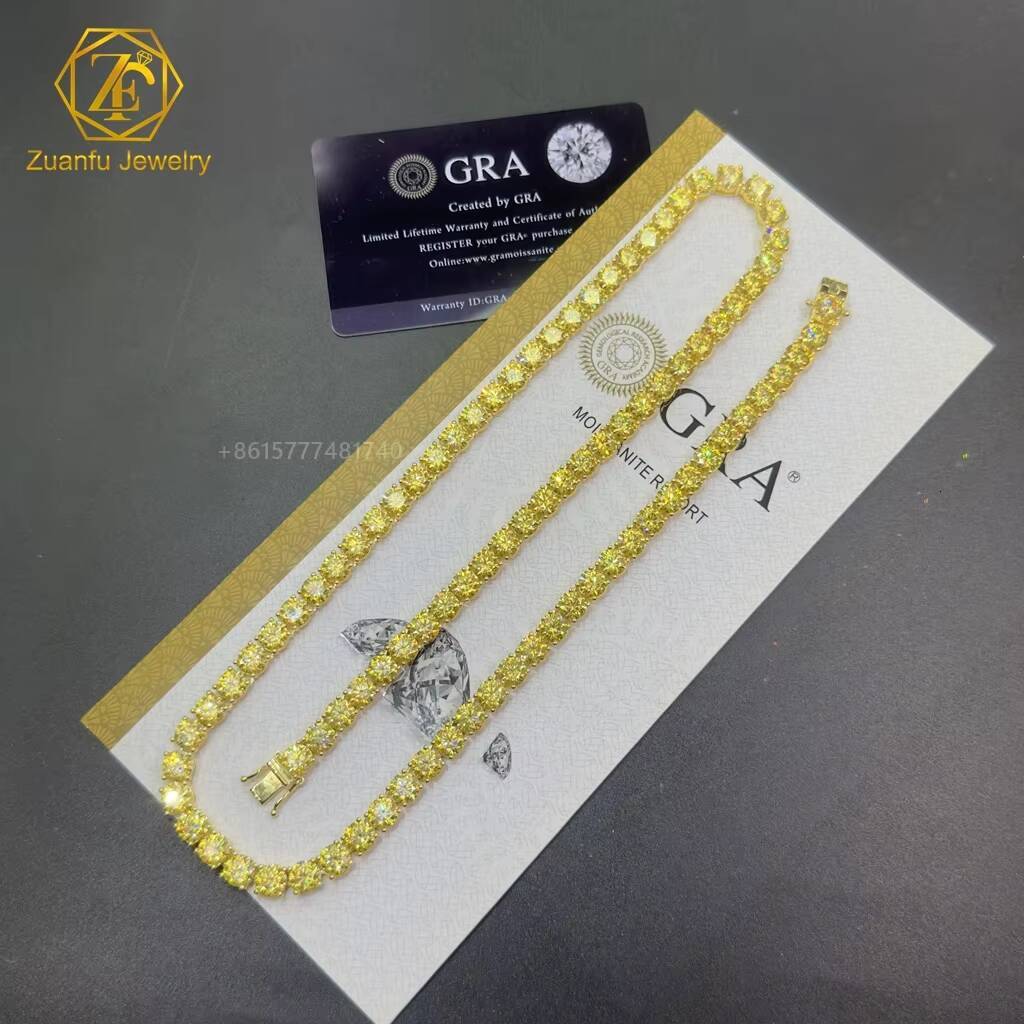 GRA Certified HipHop 925 Sterling Silver 65mm Canary Yellow Moissanite 16in 18in 20in 22in 24in Choker Tennis Chain Necklace
