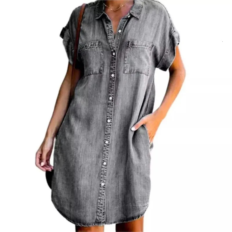 Womens summer single chest denim shirt dress casual loose pocket simple retro commuting womens office shorts 250402m
