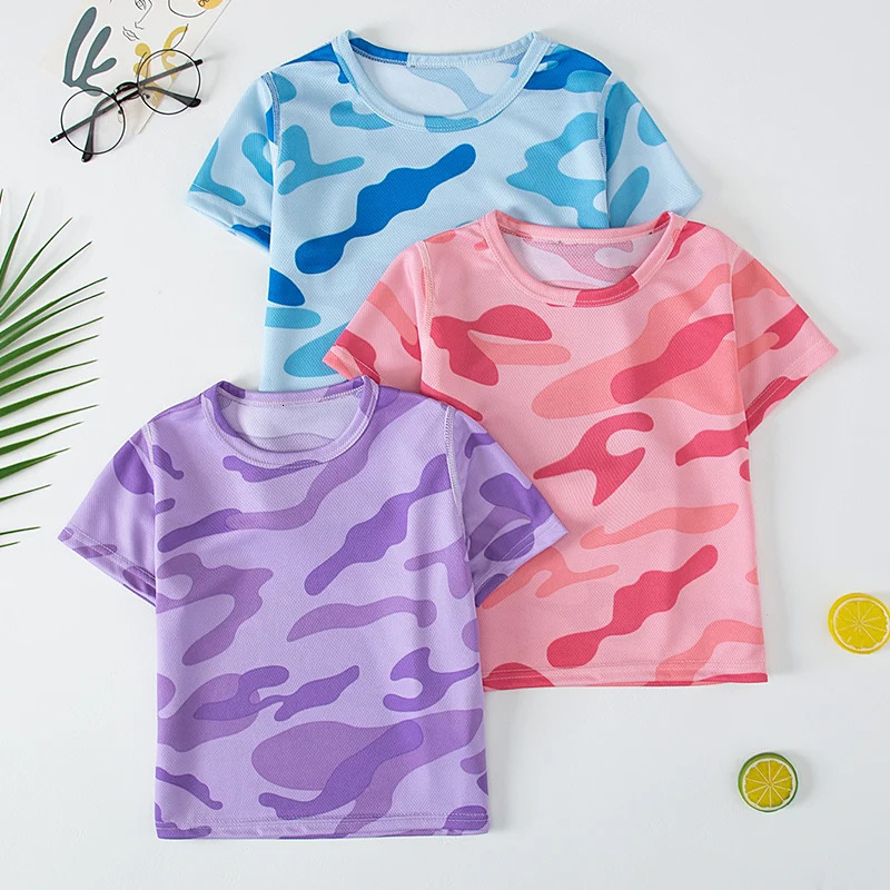 Childrens summer camouflage quick drying short sleeved casual sports Tshirt for boys and wild round neck shirt girls 250325z