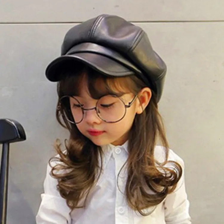 Childrens PU Leather Hat Girls Fashionable and Versatile British Octagonal Hat Parentchild Autumn and Winter Retro Beret 251031